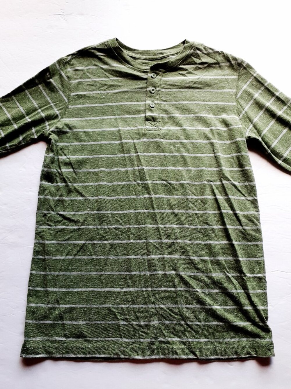 Falls Creek Boys Shirt Henley Green Stripe Long Sleeve XL 14-16